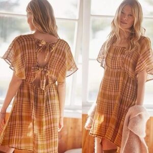 ANTHROPOLOGIE | Gauzy Plaid Mini Dress size XXS gold color